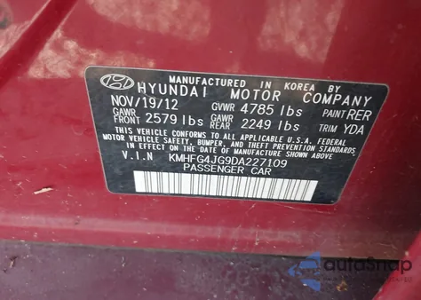 2013 Hyundai Azera from USA, damaged, VIN KMHFG4JG9DA227109